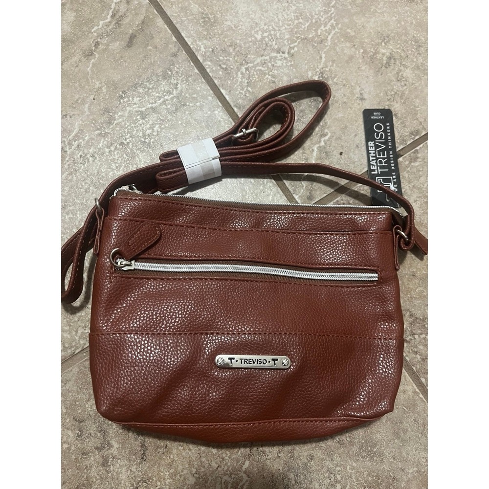 Treviso Crossbody Genuine Leather‎ Brown Purse Silver Hardwear NWT